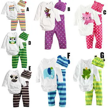 

Emmababy100% Cotton Baby Clothes Set Print 3PCS Kids Baby Girls Boys Unisex Full Sleeve Bodysuit+Striped Pants+Hat Outfits Sets