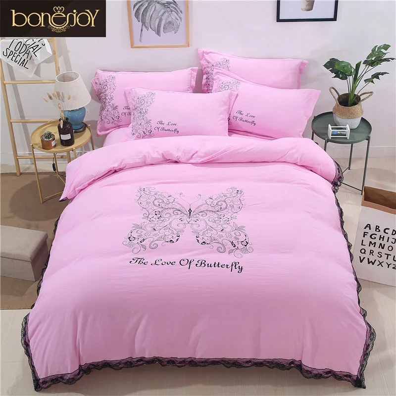 Bonenjoy Pink Color Butterfly Bedding Sets Cotton/Polyester Bed Linen