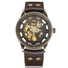 Vintage Bronze Hommes Montres Squelette Horloge Mâle Bracelet En Cuir Antique Steampunk Casual Automatique Squelette Mécanique Montres