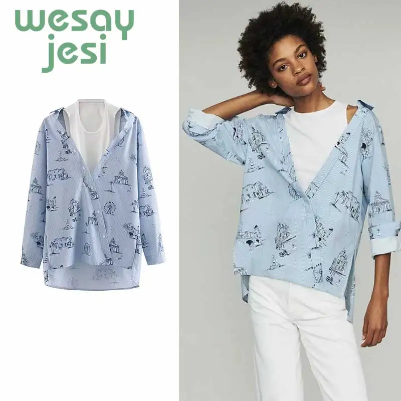 

Women Shirts 2019 Summer and Autumn New Off-the-shoulder Stitching city print Striped Long-sleeved Shirt Fake Two Pieces