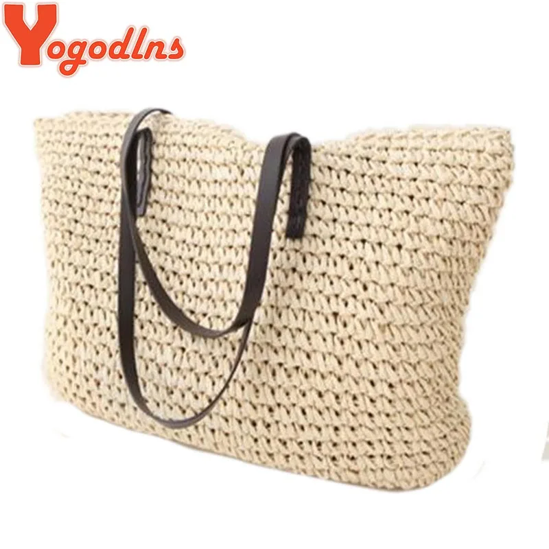 

Yogodlns Hot fashion Simple hollow beach bags women straw bag vintage knitted big tote bags shoulder bags
