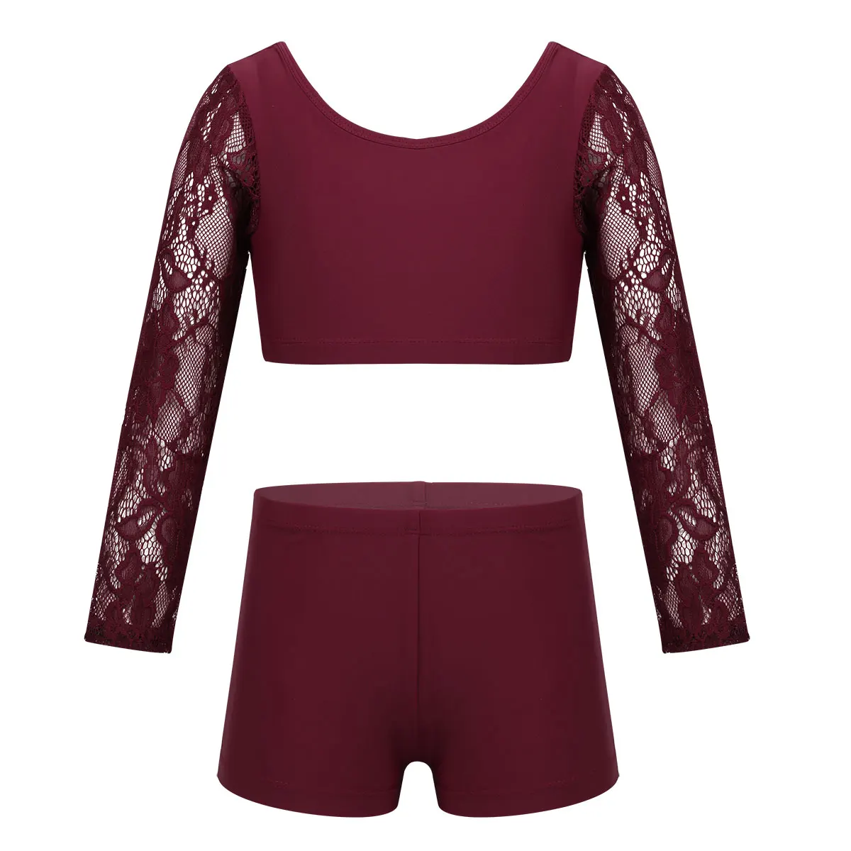 Girl Long Sleeve Dancewear Lace Turtleneck Crop Top+Briefs Gymnastics Dance Sets 