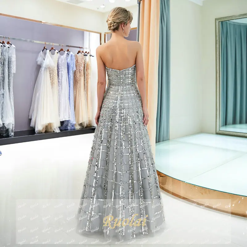 Sparkly Grey Luxury Evening Dresses Long 2019 Sequined Lace Strapless Evening Gowns for Women Formal Party Dress robe de soiree