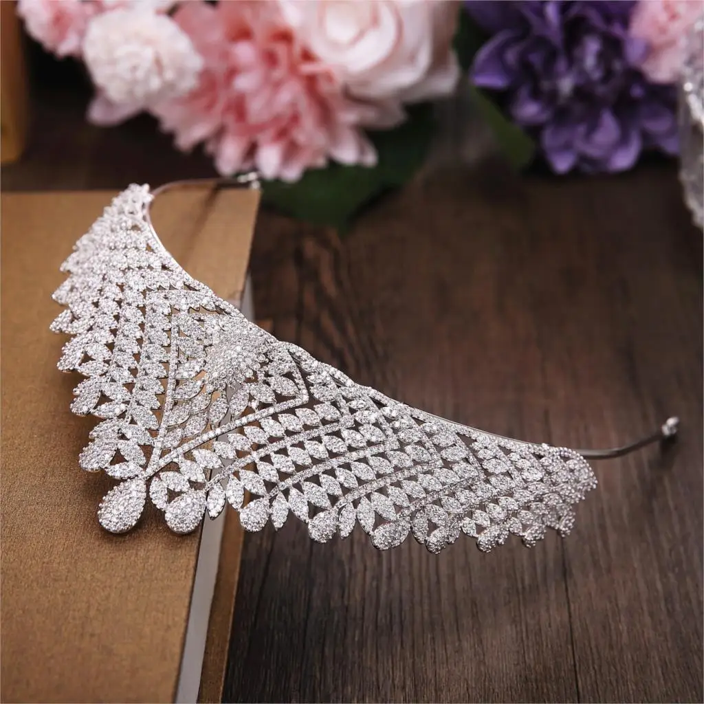 

Micro Paved Full Cubic Zircon Tiara Luxury Zirconia Crown Wedding Hair Accessories Bride Large CZ Coroa Novia Diadem WIGO1224