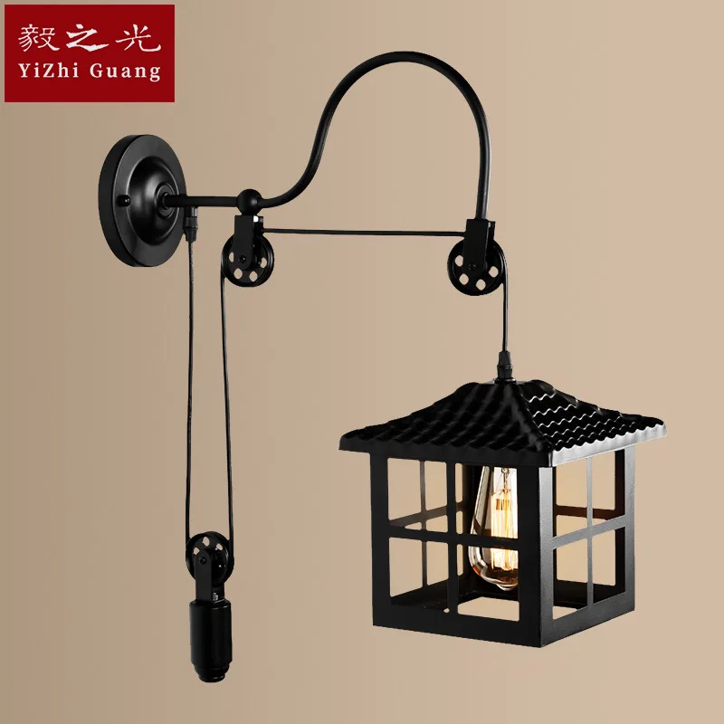 

Cross-border industrial restoring ancient ways led wall lamp square lampshade lifting pulley corridor bar cafe wall lamp