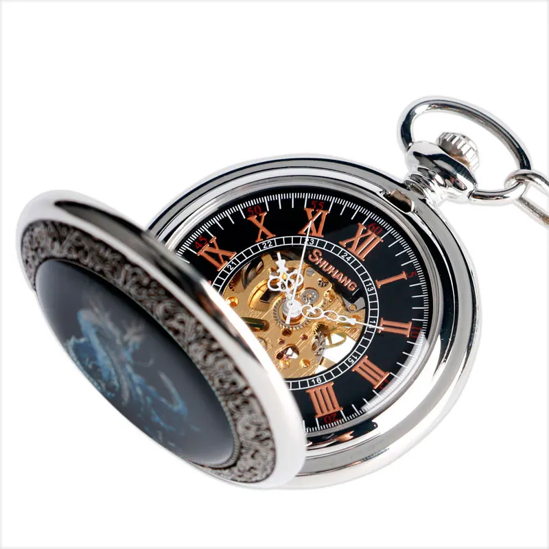 SHUHANG злой Дракон Механические карманные часы Винтаж серебро стимпанк ручной Ветер Модные женские мужские часы Скелет для медсестры