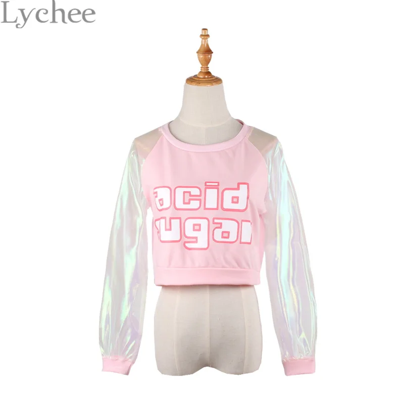Lychee Весна Осень Harajuku японский стиль Женская футболка лазерная прозрачная с длинным рукавом Лоскутная кроп-топ - Цвет: Pink