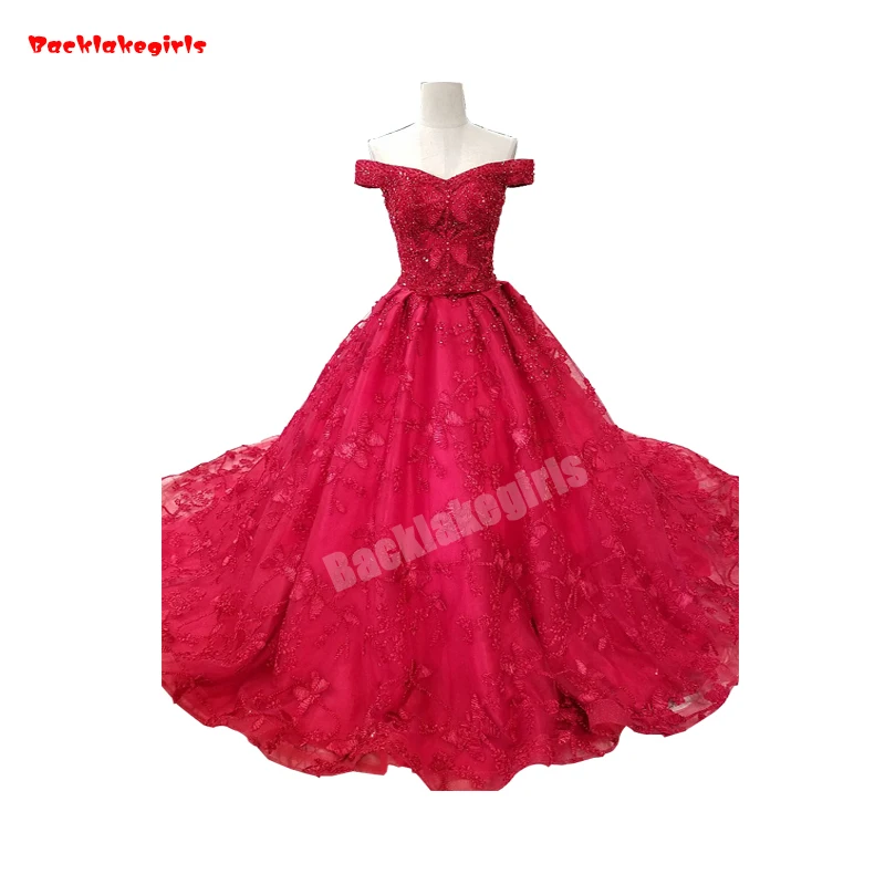 

62114 Red Wedding Dresses Cap-sleeve Beaded Crystal Embroidery Party Dress