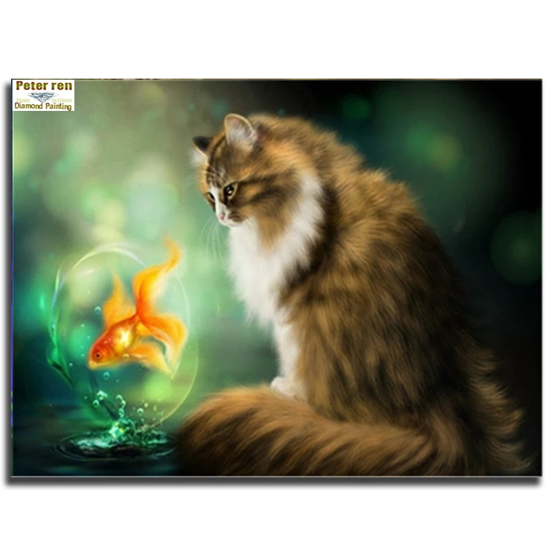 

Peter ren Diamond painting DIY Crafts full Diamond embroidery Animals 3d square mosaic Embroidered with rhinestones Goldfish Cat