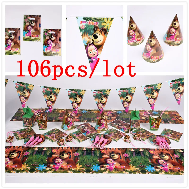 

106Pcs/Lot Masha And Bear Theme Baby Shower Boys Birthday Decoration Wedding Event Party Supplies Various Tableware Sets
