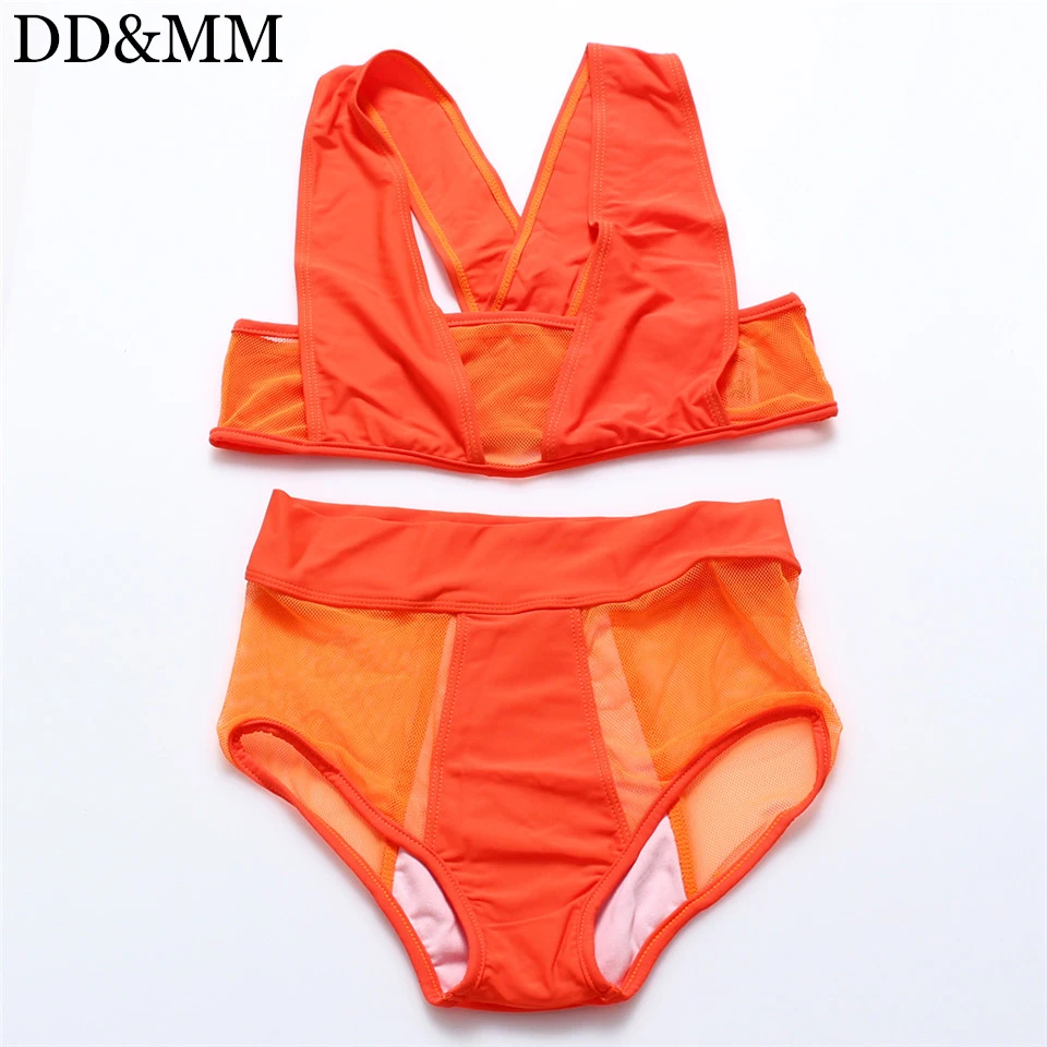 DD&MM brand bikinis women cross straps bikini sexy swimwear solid mesh swimsuit summer 2017 lady