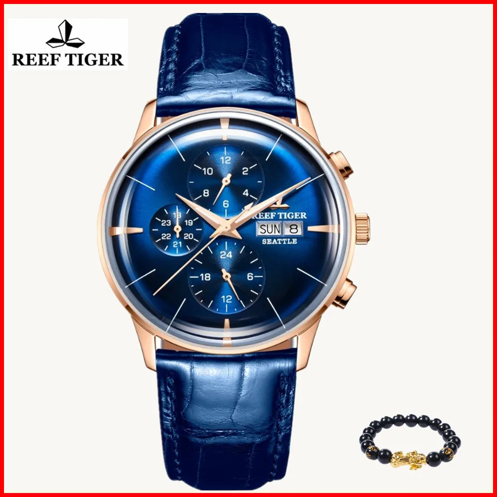 

2019 Reef Tiger Luxury Brand Function Men Watch Waterproof Blue Gold Leather Strap Automatic Watches Relogio Masculino RGA1699