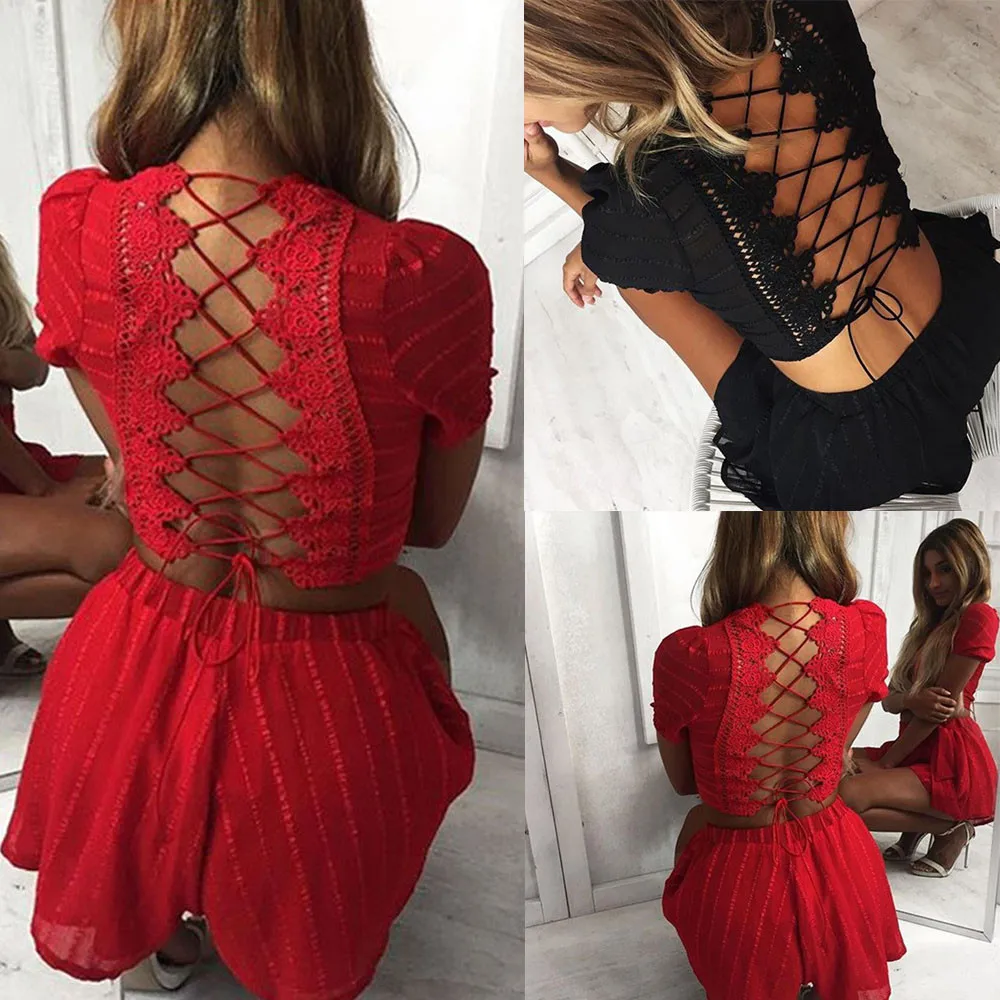 

Womens Halter Bandage Short Sleeve Top Shirt Blouse Shorts Pant 2PCS Set