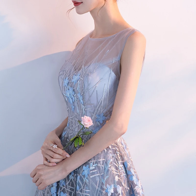 Floral print evening dresses Vestido de noiva A-line fashion evening dress sweet flower light grey and blue prom dresses 