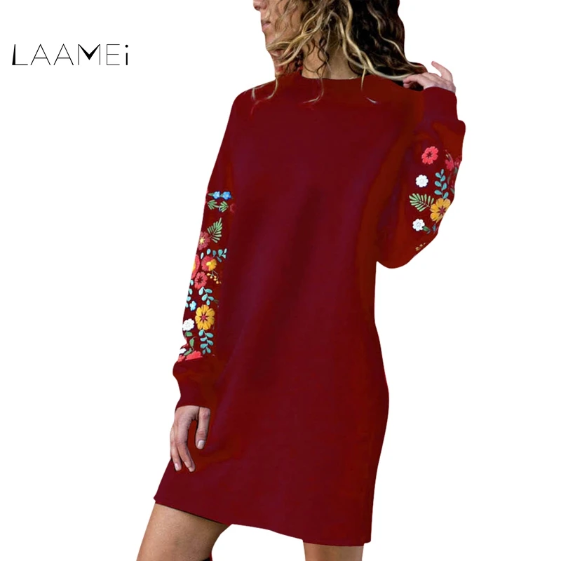 

Laamei Winter Spring Warm Dresses Women Mini Dress Floral Printed Long Sleeve O-Neck Loose Dress Black Streeetwear Vestido 2019