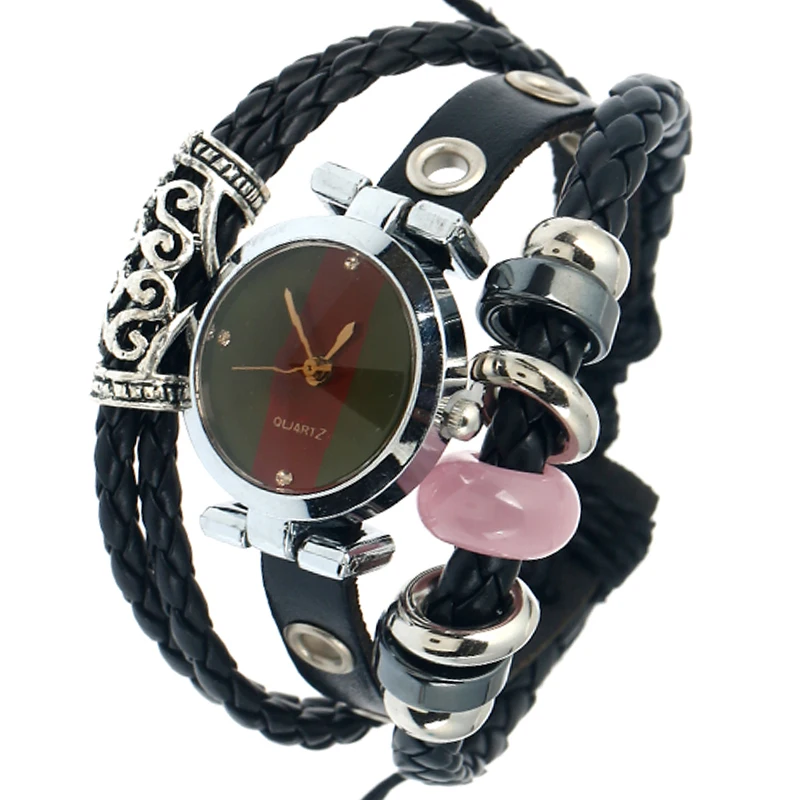 

NEW Gnova Platinum Genuine Leather Women Watch Pink Stone Black Bracelet Wristwatch Italian Style Fashion clock quartz A850