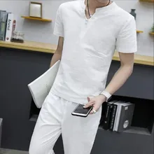 Летние Удобные Хлопковые льняные комплекты одежды свободного кроя с v-образным вырезом в стиле ретро, с коротким рукавом, облегающие брюки для мужчин