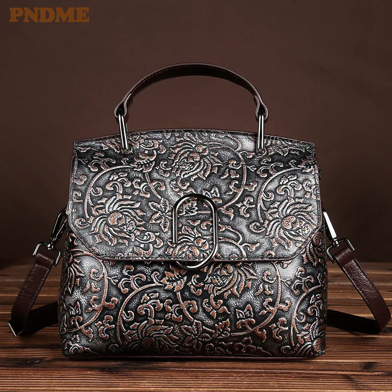 

PNDME handmade embossed genuineleather ladies handbag retro designer daily cowhide women's shoulder crossbody bags weekend bag