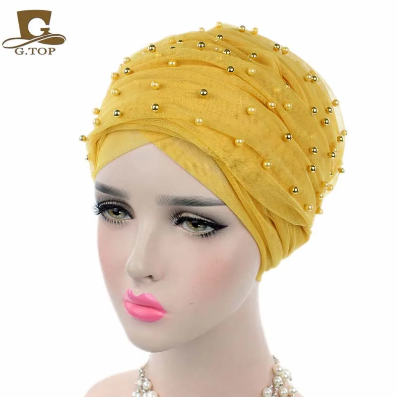 2017 new fashion Luxury women gold beaded mesh Turban Headband extra
