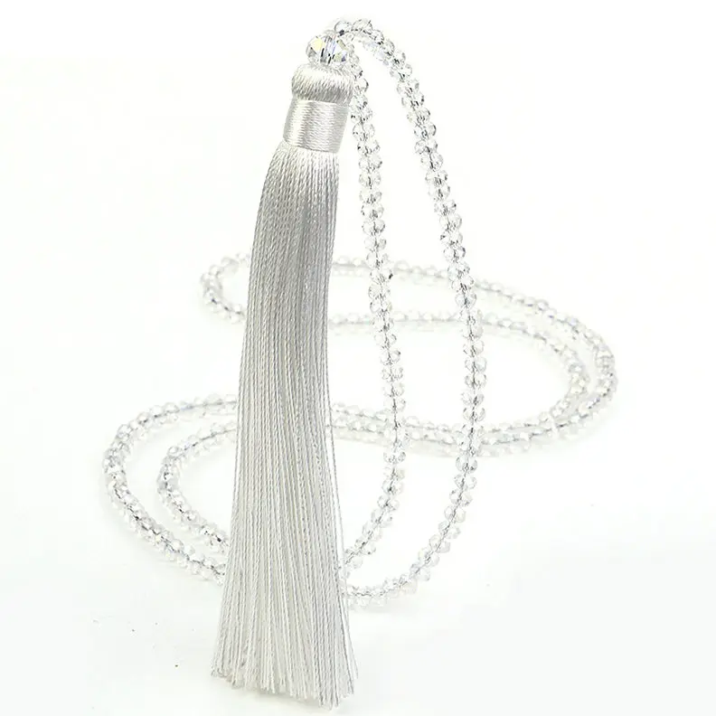 Модное Длинное Ожерелье с шелковой кисточкой, женские стеклянные бусины из хрусталя, подвески, ожерелье с кольцом, винтажное богемное ювелирное изделие - Окраска металла: White