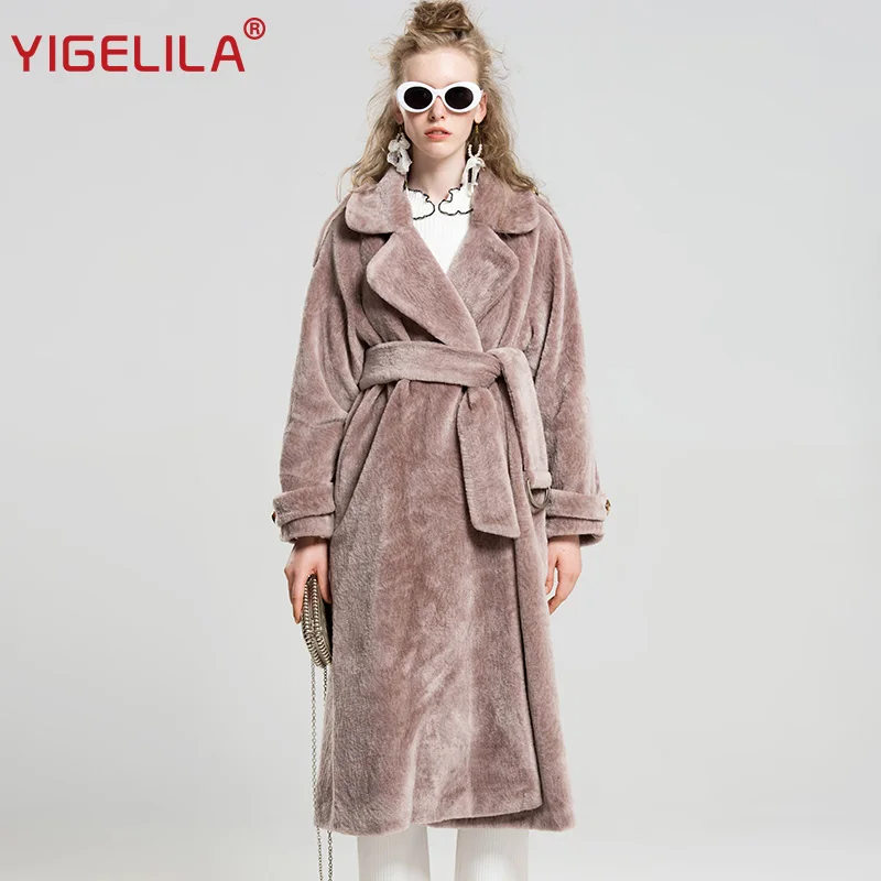 

YIGELILA 9512 Latest Winter Fashion Pink Turn Down Collar Robe Style Wide Waisted Belt Long Artificial Wool Fur Trench Coat