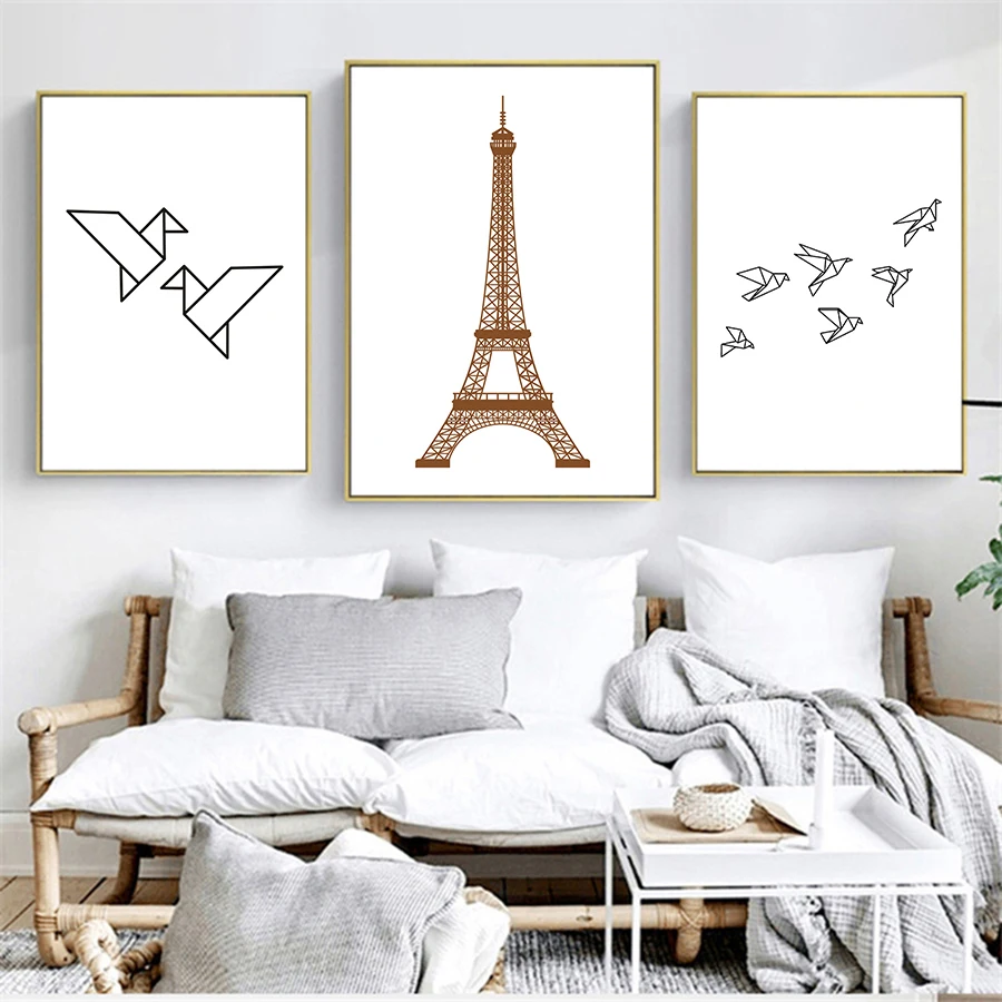 4 - Black White Geometric Paris Tower Posters World Map Prints  Abstract Canvas Painting Wall Art Picture for Living Room