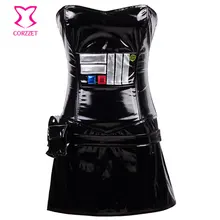 Black PVC Sexy Leather Corsets And Bustiers Gothic Korsett For Women Steampunk Dress Halloween Club Burlesque Corset Skirt Set