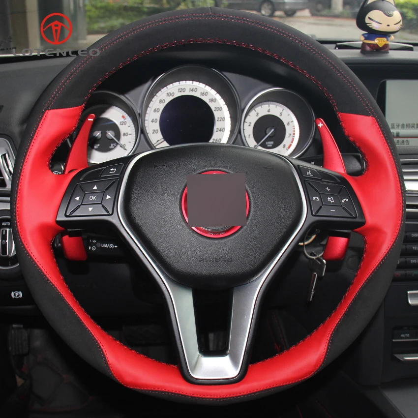 LQTENLEO Red Genuine Leather Suede Car Steering Wheel Cover for