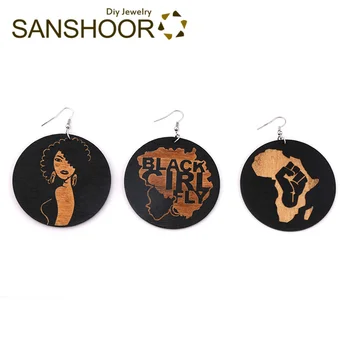 

SANSHOOR 6cm Black Girl Carved Wooden Earrings Afican Power Fist Drop Afrocentric Jewelry As Gifts For Women Ladies 6Pairs/lot