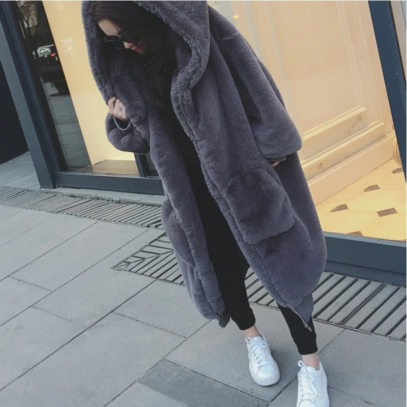 Capuchon Mélanges Chaud Survêtement Mode Fourrure Longueur À Grande Éclair A76 pink Taille De Nouvelles Black gray Moyen Fermeture Femmes Faux Manteau Laine Hiver Long Femelle EqwxwC8zp6