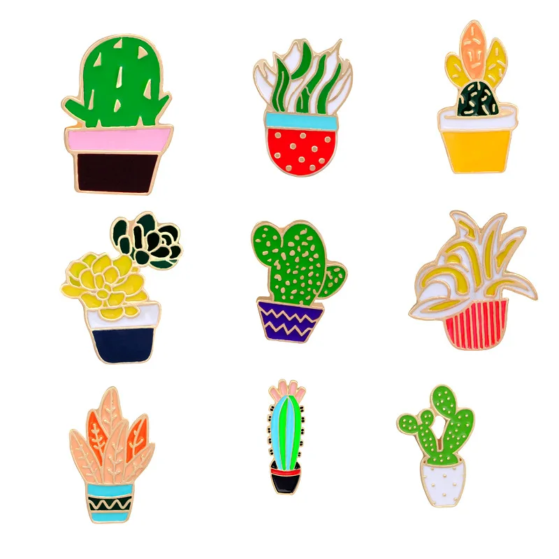 

Fashion Metal Enamel Plants Leaves Cactus Potted Flower Brooch Button Pins Jacket Collar Lapel Pin Badges Jewelry Gift for Girls
