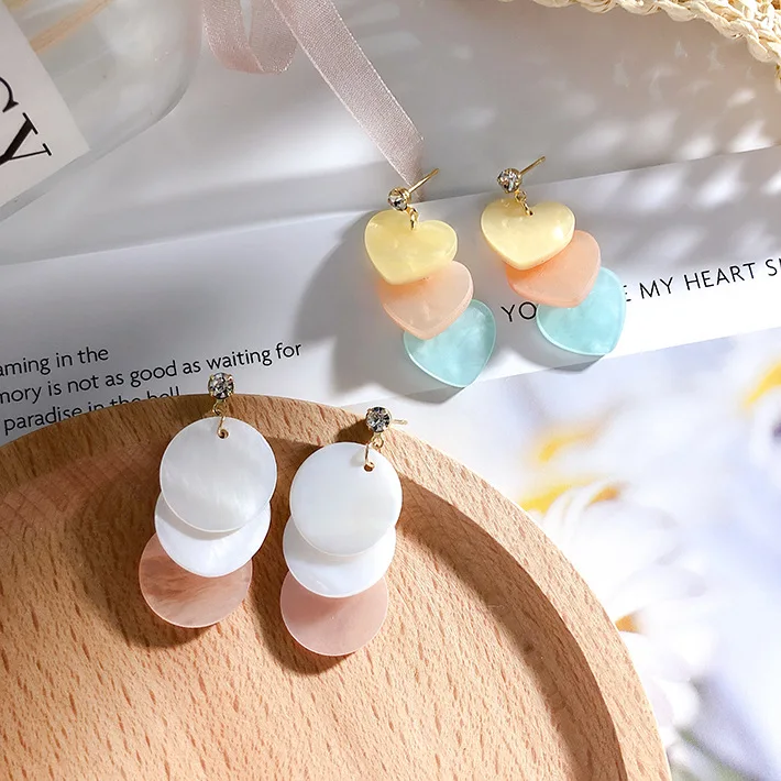 

2019 Korea Colorful Shell Acrylic Heart Round Tassel Earrings For Women Fashion Jewelry Sweet Oorbellen