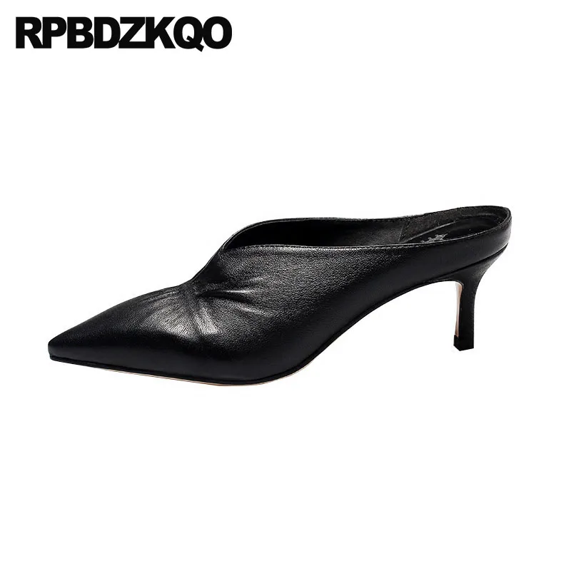 

Pointed Toe Orange Shoes Women Genuine Leather Pumps Black Stiletto Mules Slipper Medium Heels Sandals Size 4 34 High Italian