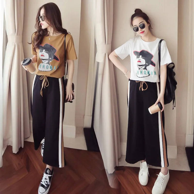 

Summer two-piece female 2019 new Korean casual student fashion short-sleeved T-shirt + wide leg pants Woman's sets chandal mujer