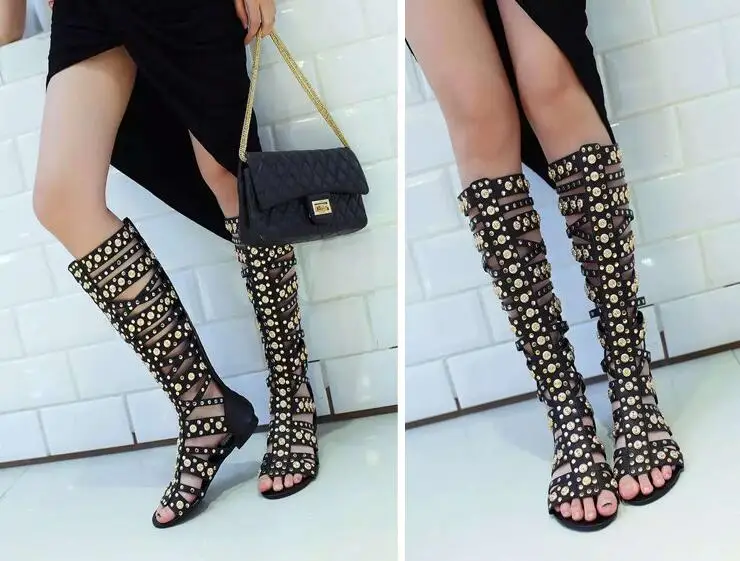 Oro Studs Donne Cinghie Cage Sandal Boots Sexy Ladies Open Toe Gladiatore Stivali Moda Stivali Piatti Cerniera Posteriore Stivali Estivi