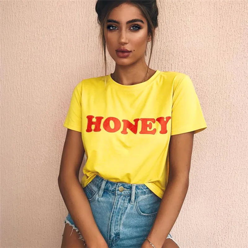 Summer Women Tshirt HONEY Letter Print T Shirt Women O-Neck Short Sleeve Casual T-Shirt Womens Clothing Tee Tops (4)