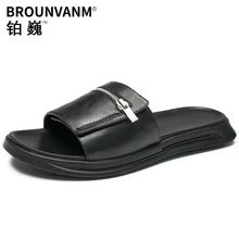 New Design Men Genuine Leather Leisure Slippers Outdoor Black Stable And Mature Man Casual Summer Sandals Slides Shoes