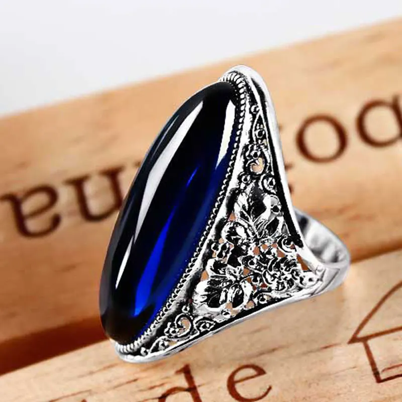JIASHUNTAI ретро серебряные кольца для женщин винтажные большие кольца 925 пробы серебряные ювелирные изделия женские 4 цвета лучшие подарки - Цвет основного камня: Blue