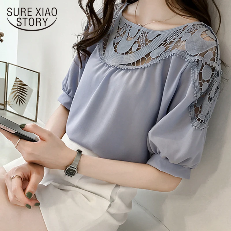 Tanie Nowy 2018 Moda Kr oacute;tki Rękaw Bluzka Koszule Damskie Szyfonowa Lato Sexy Hollow Out Kobiety Odzież Plus Size Kobiet Topy 0621 40