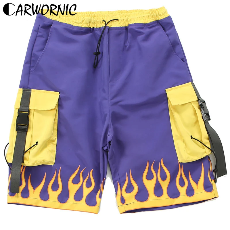 CARWORNIC Спортивная одежда мужские шорты Карго боковой ремень пряжка хип хоп шорты в уличном стиле огонь пламя мульти с карманами мешковатый повседневные брюки