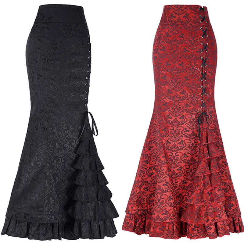 

Solid Print Lace-up Trumpet Skirts Women Fashion Patchwork Mermaid Skirts Summer Ladies Vintage Ankle-length Skirt High Quality