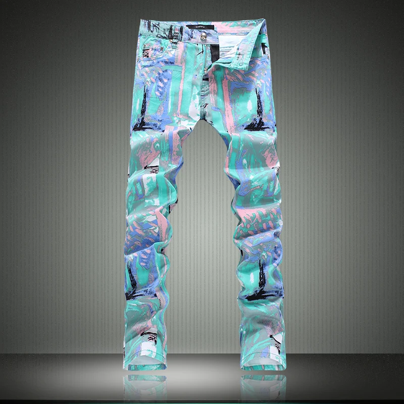 Colored drawing jeans male slim pants flower personalized print trousers plus size pants man made in