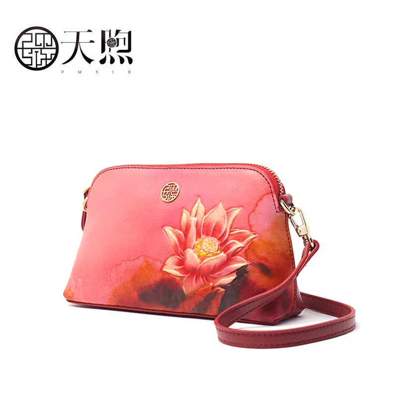 

First layer cowhide handbag 2019 new ethnic style printed shoulder Messenger bag Simple Clutch handbag branded handbag