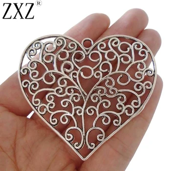 

ZXZ 2pcs Antique Silver Tone Large Filigree Flower Heart Charms Pendants for Necklace Jewelry Making Findings 64x57mm