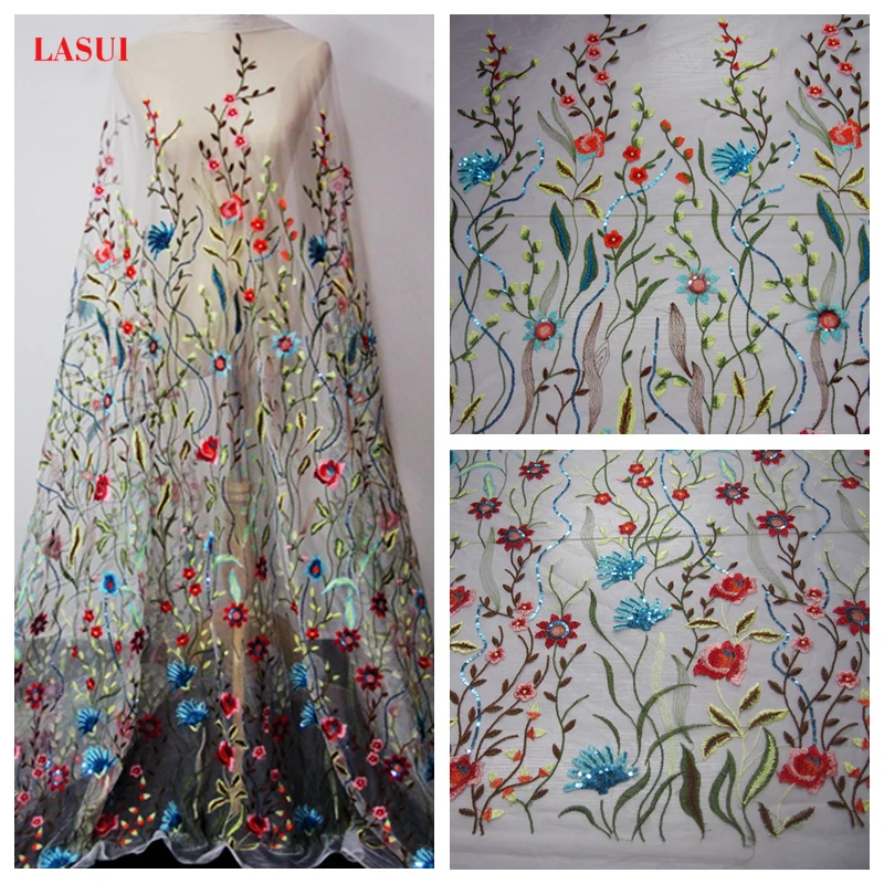 LASUI продукт красивый Многоцветный блестки вышивка Сетка кружевная ткань с цветами для diy платья выпускного вечера X0284