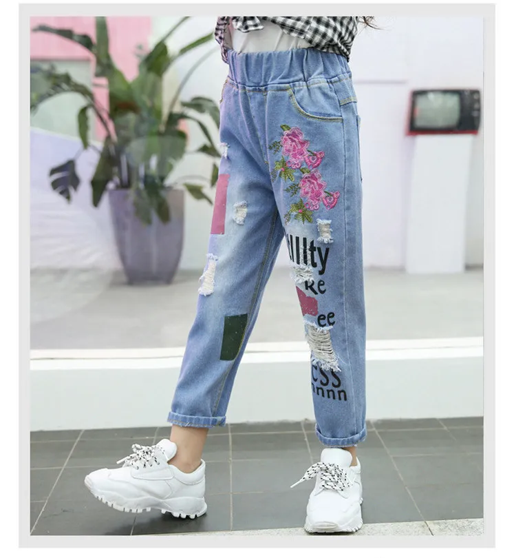 3-12 y kids girls jeans child fashion ripped jeans for girls 12 years teenage girl clothes denim pants flower embroidery trouser (5)