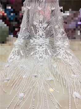 

2019 Sequins Bead 3D Embroidery African High Quality Net French Voile Guipure tulle mesh Lace Fabric For dress 5yd/lot(FJ19-4