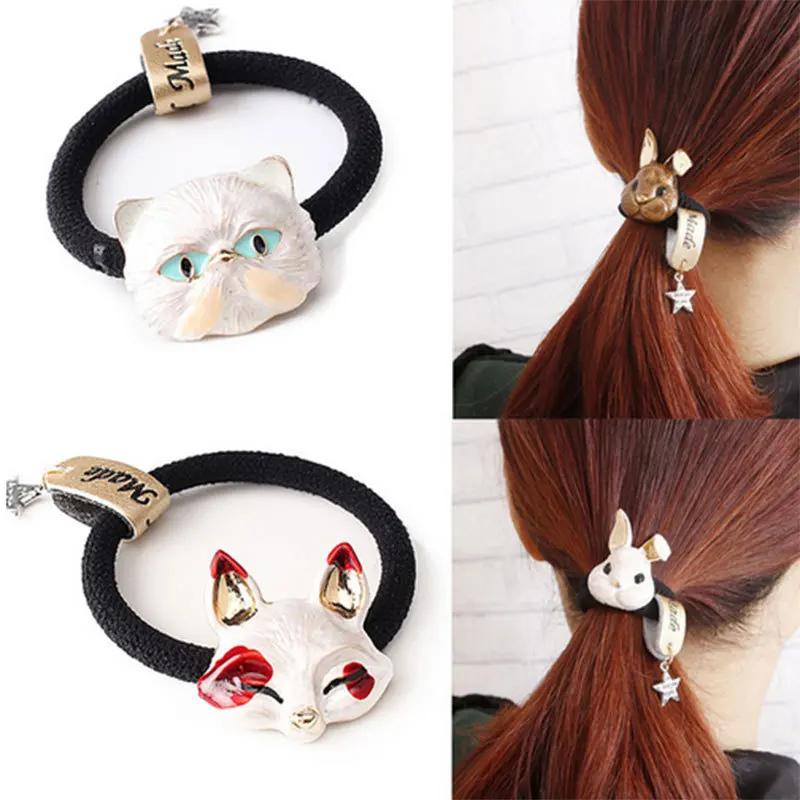 

M MISM 2019 New Fashion Metallic Animal Gum Rabbit Fox Shape Hair Band Stretch Elastic Hair Rope For Women Hair Ornaments