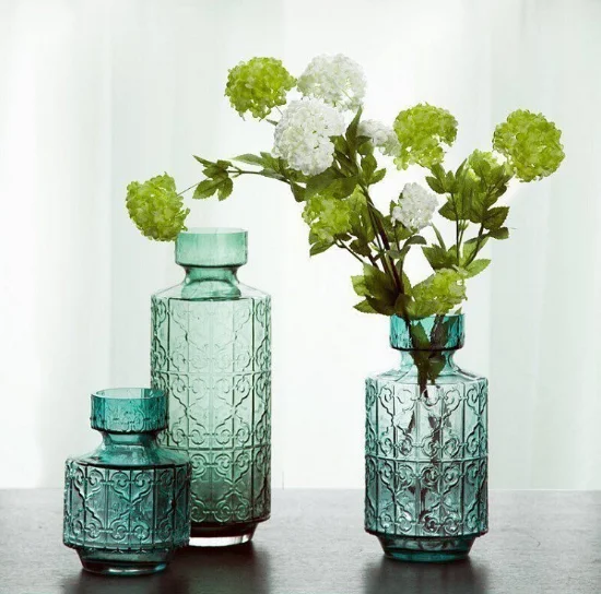

American Country Blue Creative Embossed Glass Vase Personality Fashion Transparent Glass Vase Living Room Decorative Vase Q285