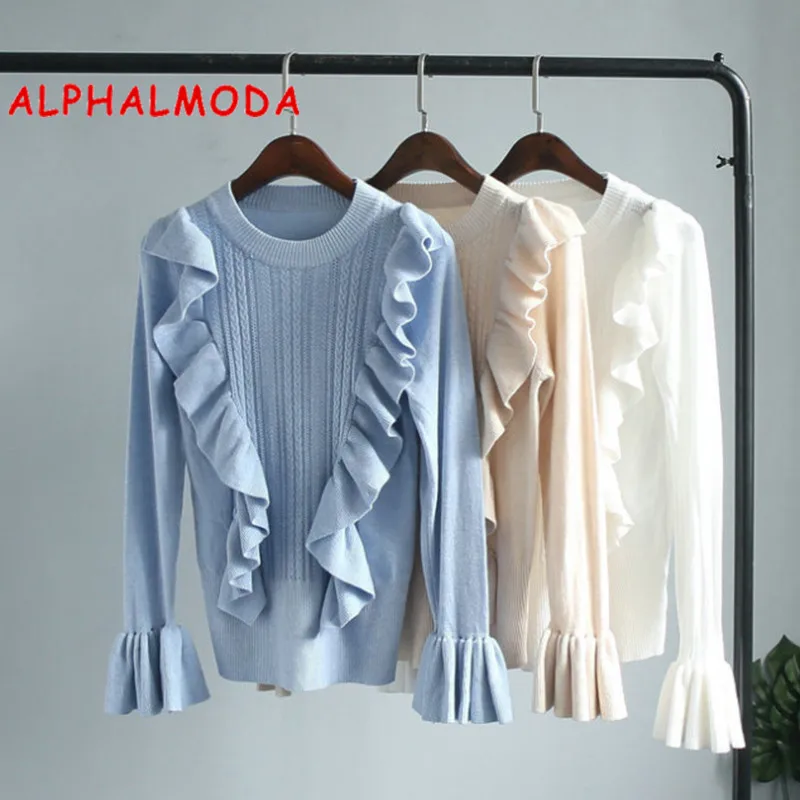 

ALPHALMODA Ruffled Trim Flare Sleeve Ladies Soft Quality Sweater Solid Color Pullovers Women's Stylish Bottom Knitted Shirts
